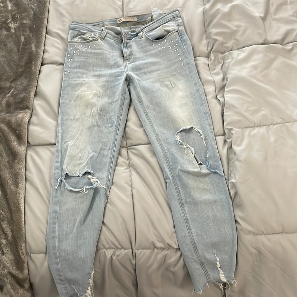 Zara Denim Ripped Jeans with Pearl details